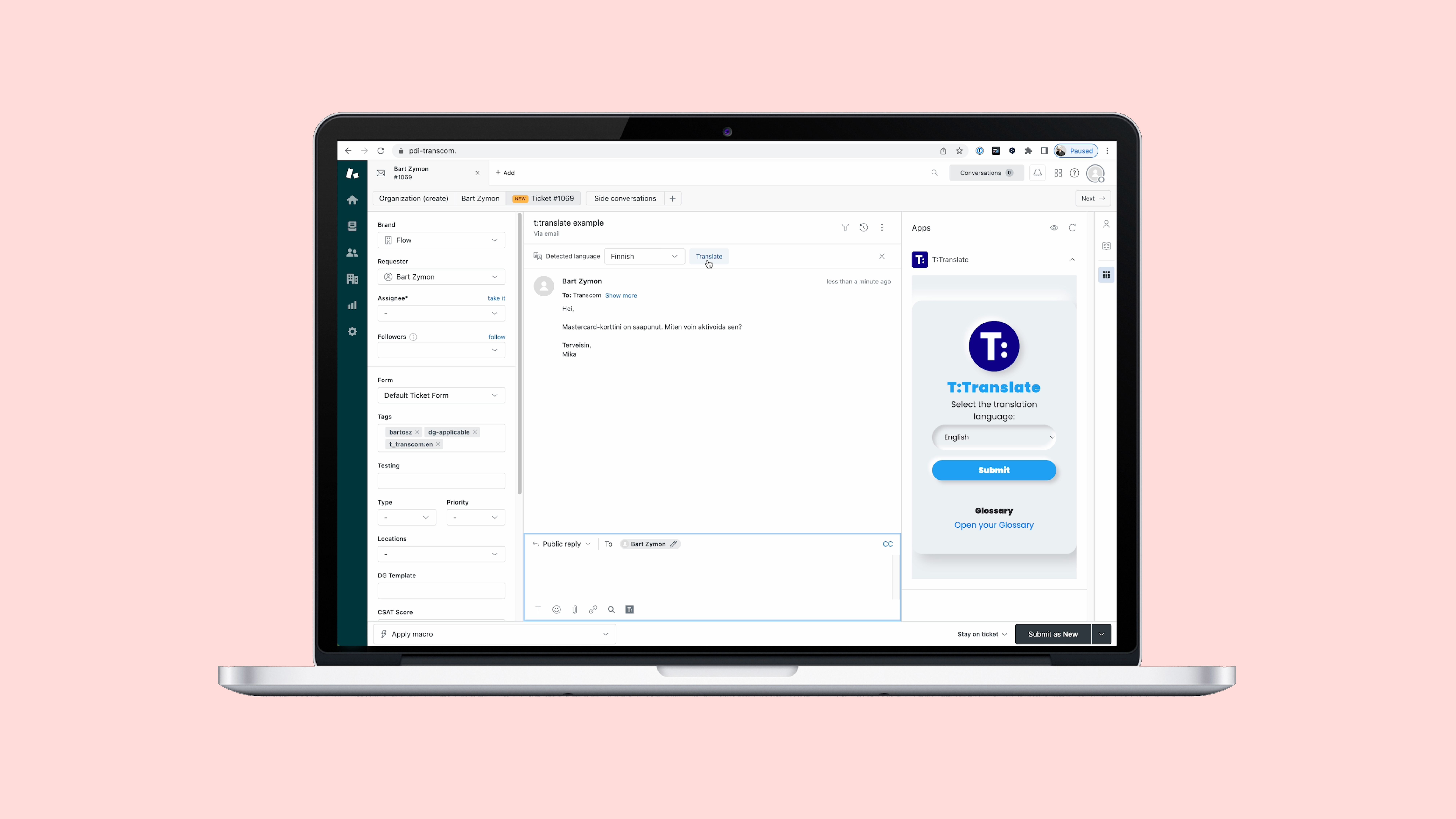 Infographic/screenshot showing a conversation between a customer and an agent supported by AI